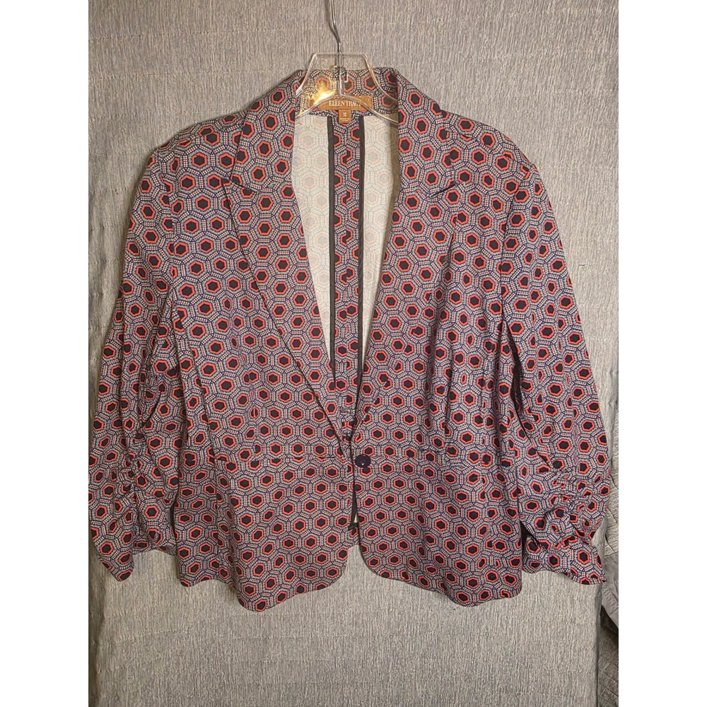 818 Ellen Tracy Wom Orange Navy Geometric Honeycomb Print Ruched Sleeve Blazer M